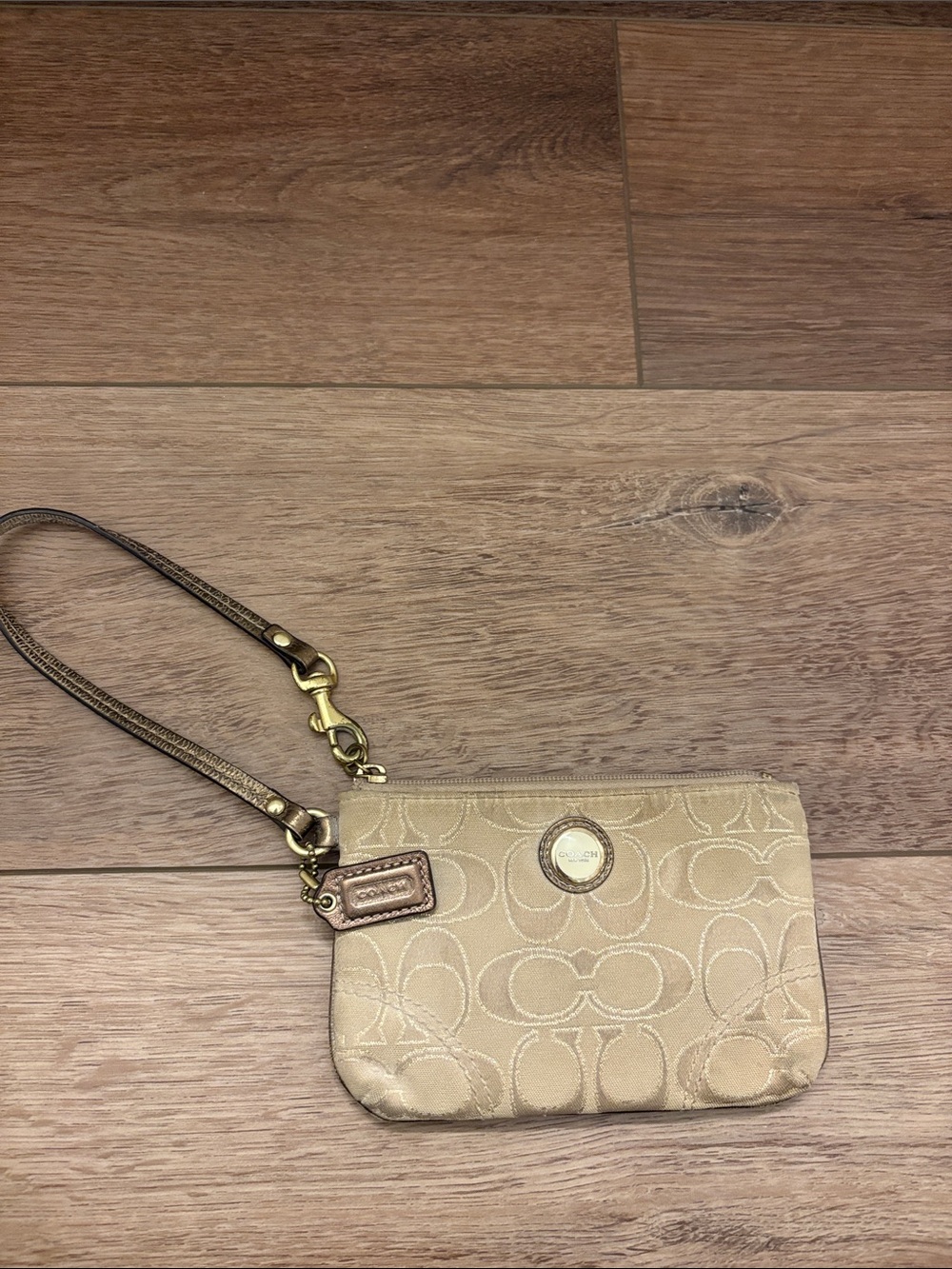 Coach Beige Signature Wristlet with Brass Hardware Hang Tag Canvas Leather Metal